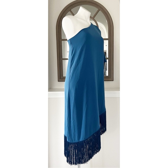 Trina Turk Gull One-Shoulder Asymmetric Fringed Dress in Denim, Size S New w/Tag - Picture 8 of 13